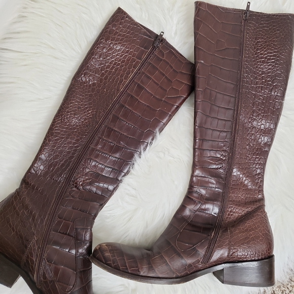 Riding Boots Croc Embossed - Brown Croc – thefashionproject.gr MaxMara | Brown Croc-Embossed Leather Riding Boots
